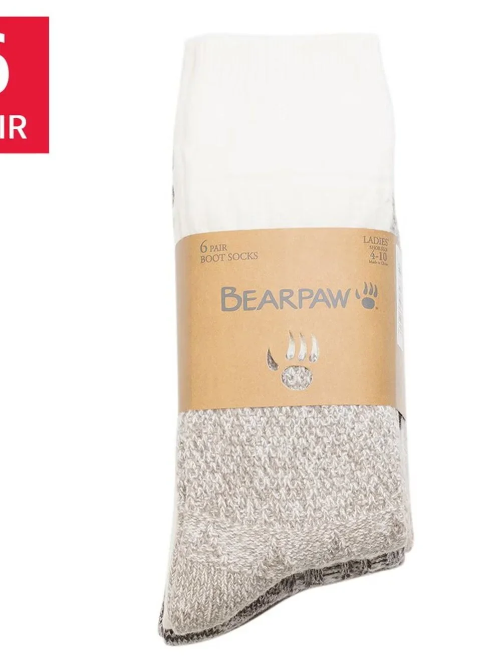 BearPaw Women's 6-Pair Boot Socks Ivory, Fits Shoe Size: 4-10, NWT